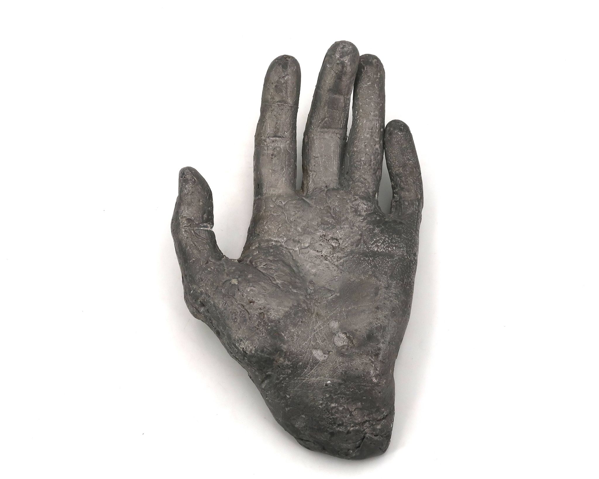Cast iron silver-coloured catchall in the shape of a hand, 1970s sculpture.