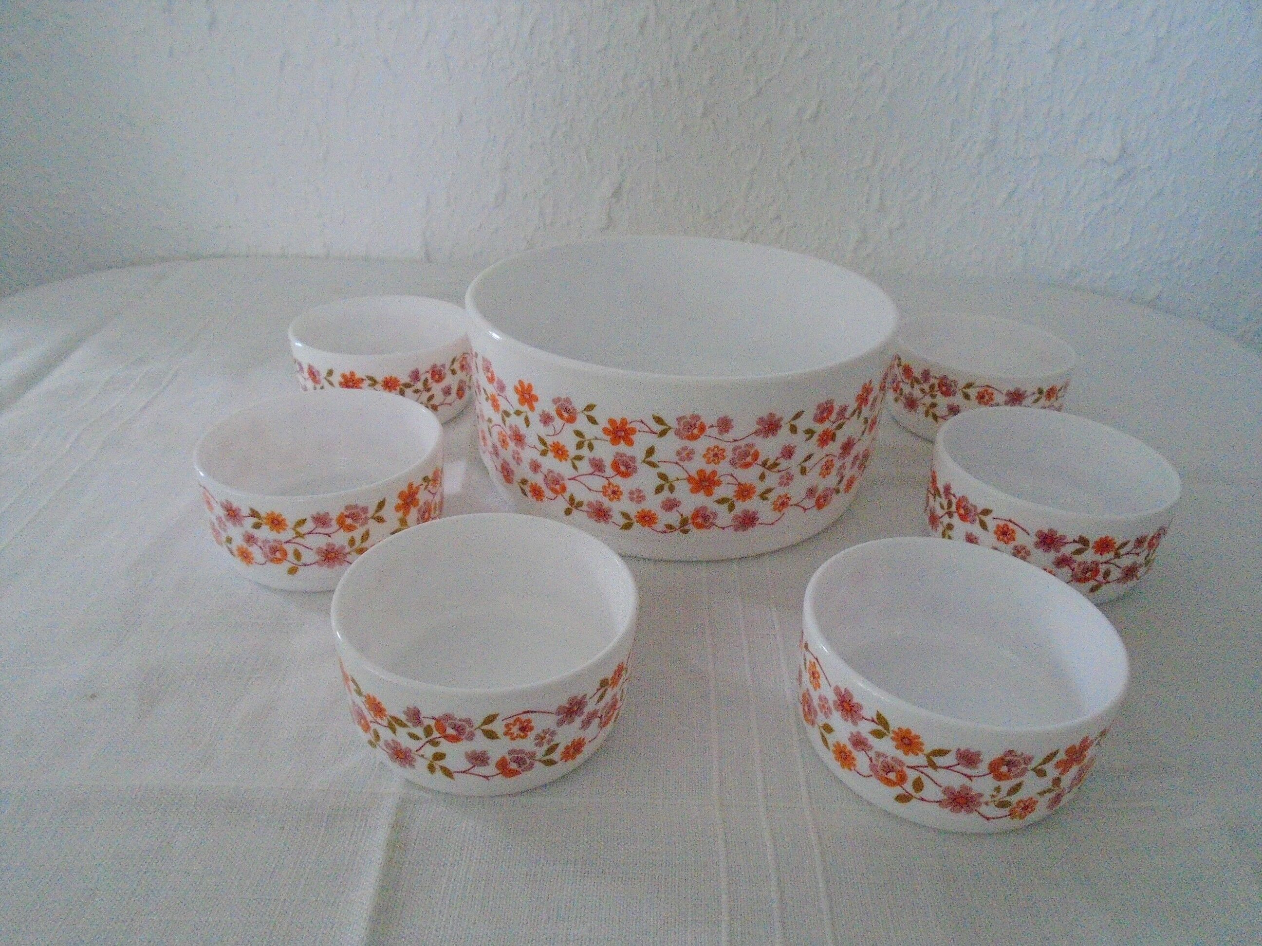 Saladier - t 6 cups scania orange flowers vintage arcopal