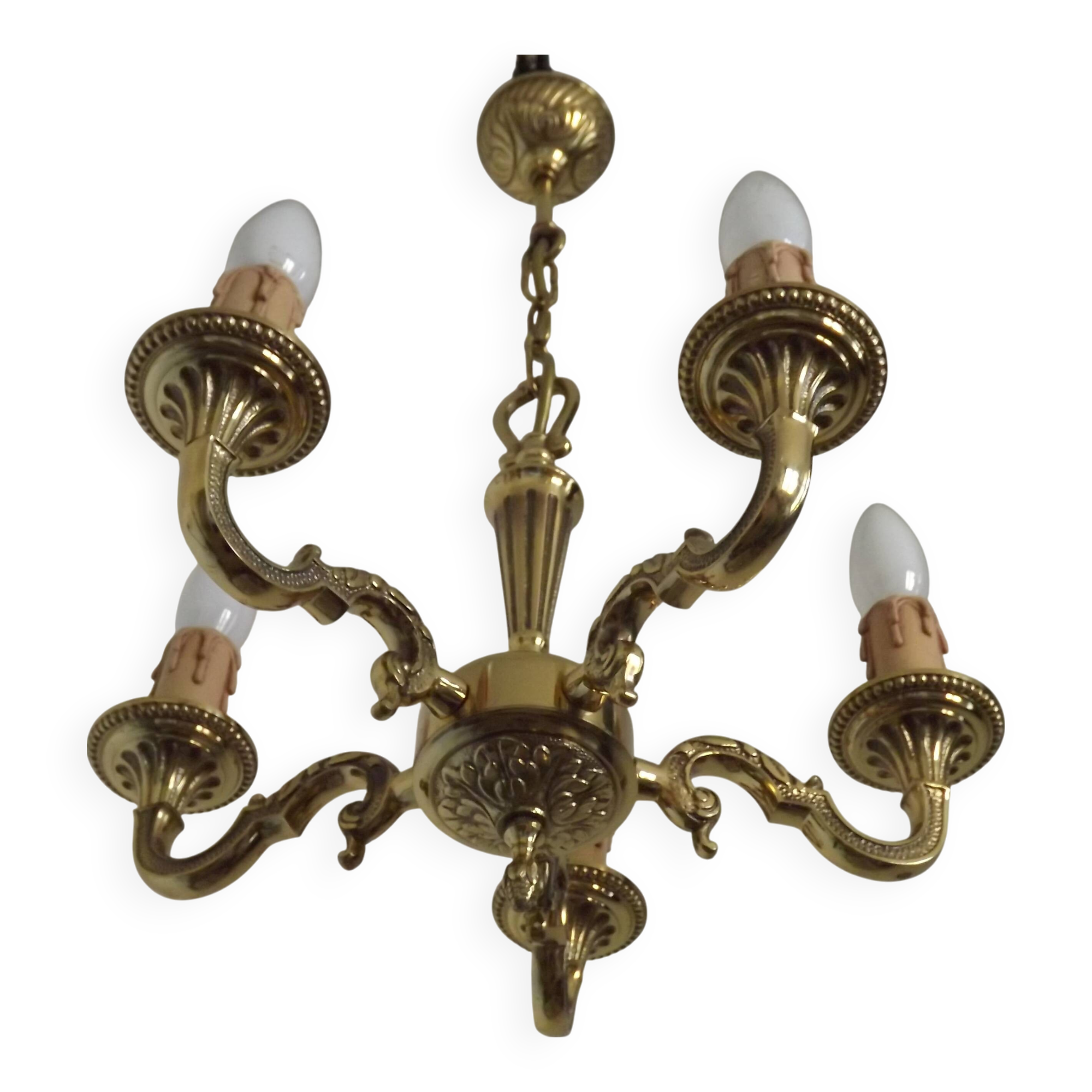 French Vintage 5 Light Quality Brass Chandelier with Scroll Acanthus Arms 5452