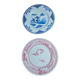 A pair of old flat plates with red and blue bird patterns.