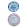 A pair of old flat plates with red and blue bird patterns.