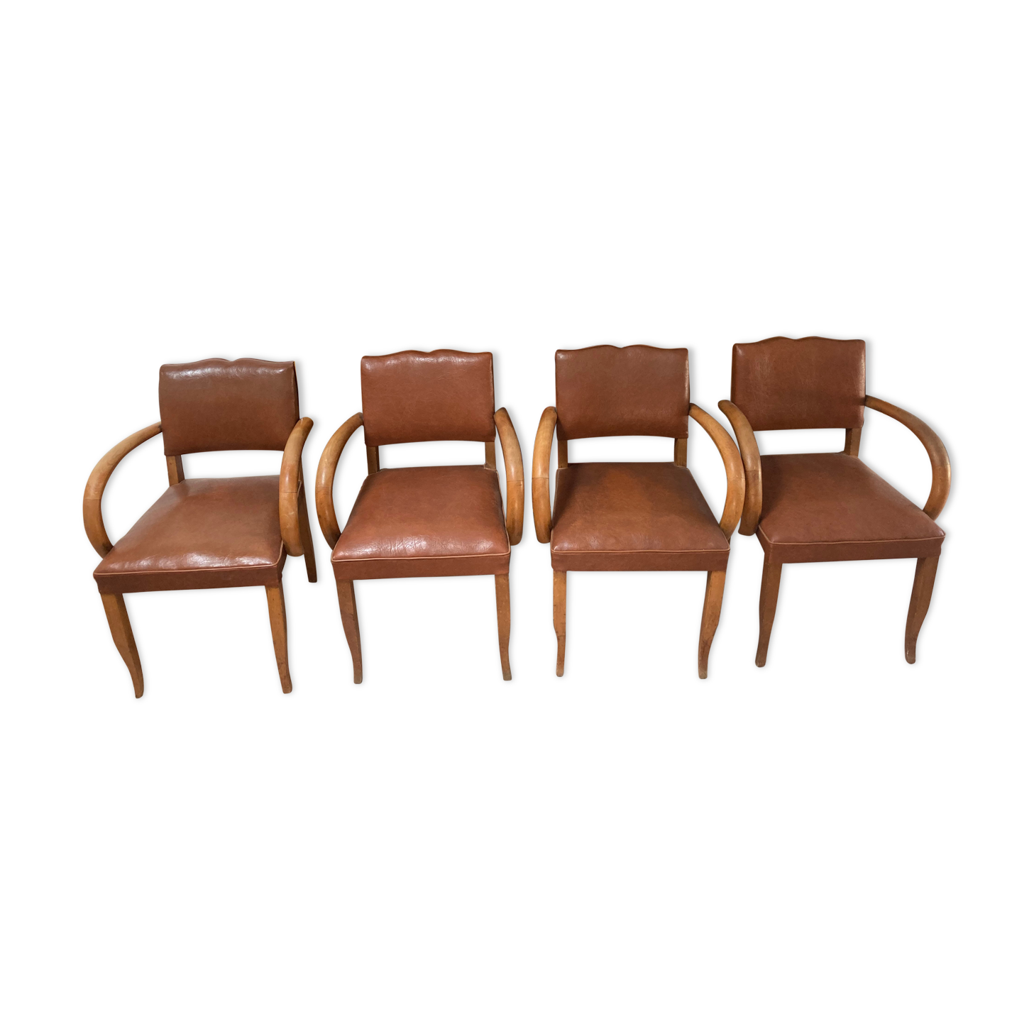 Set of 4 armchairs bridge leather and wood called "moustache" style art deco circa 1940