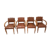 Set of 4 armchairs bridge leather and wood called "moustache" style art deco circa 1940