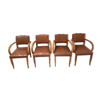 Set of 4 armchairs bridge leather and wood called "moustache" style art deco circa 1940