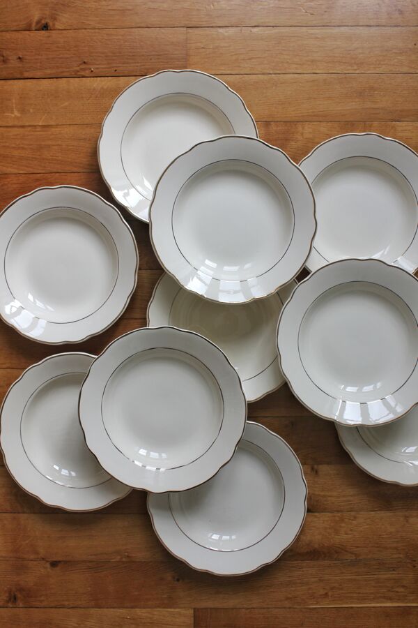 10 assiettes creuses en faïence ivoire liseré doré Digoin Sarreguemines vintage