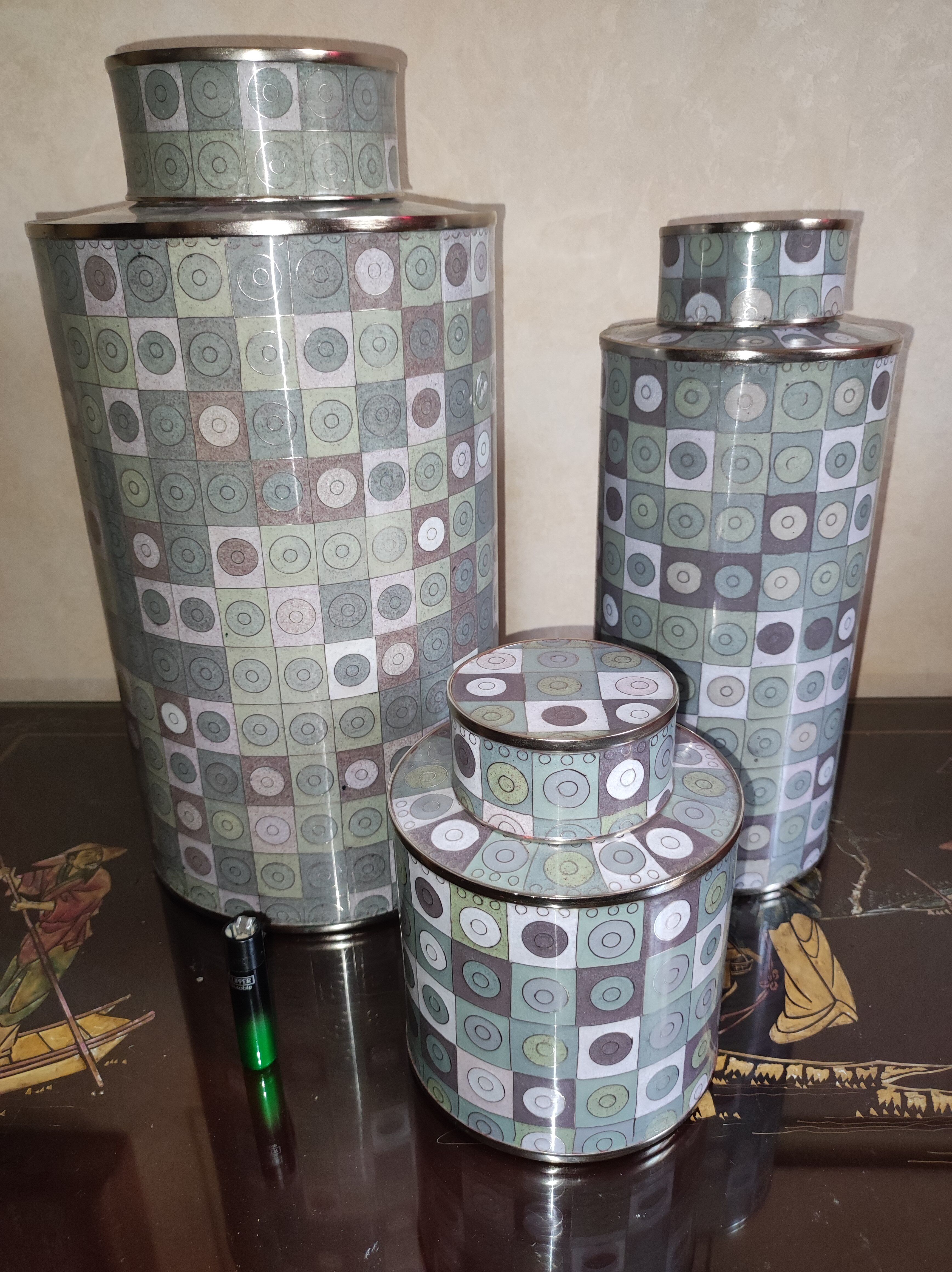 Fabienne Jouvin, set of 3 cloisonné boxes, signed