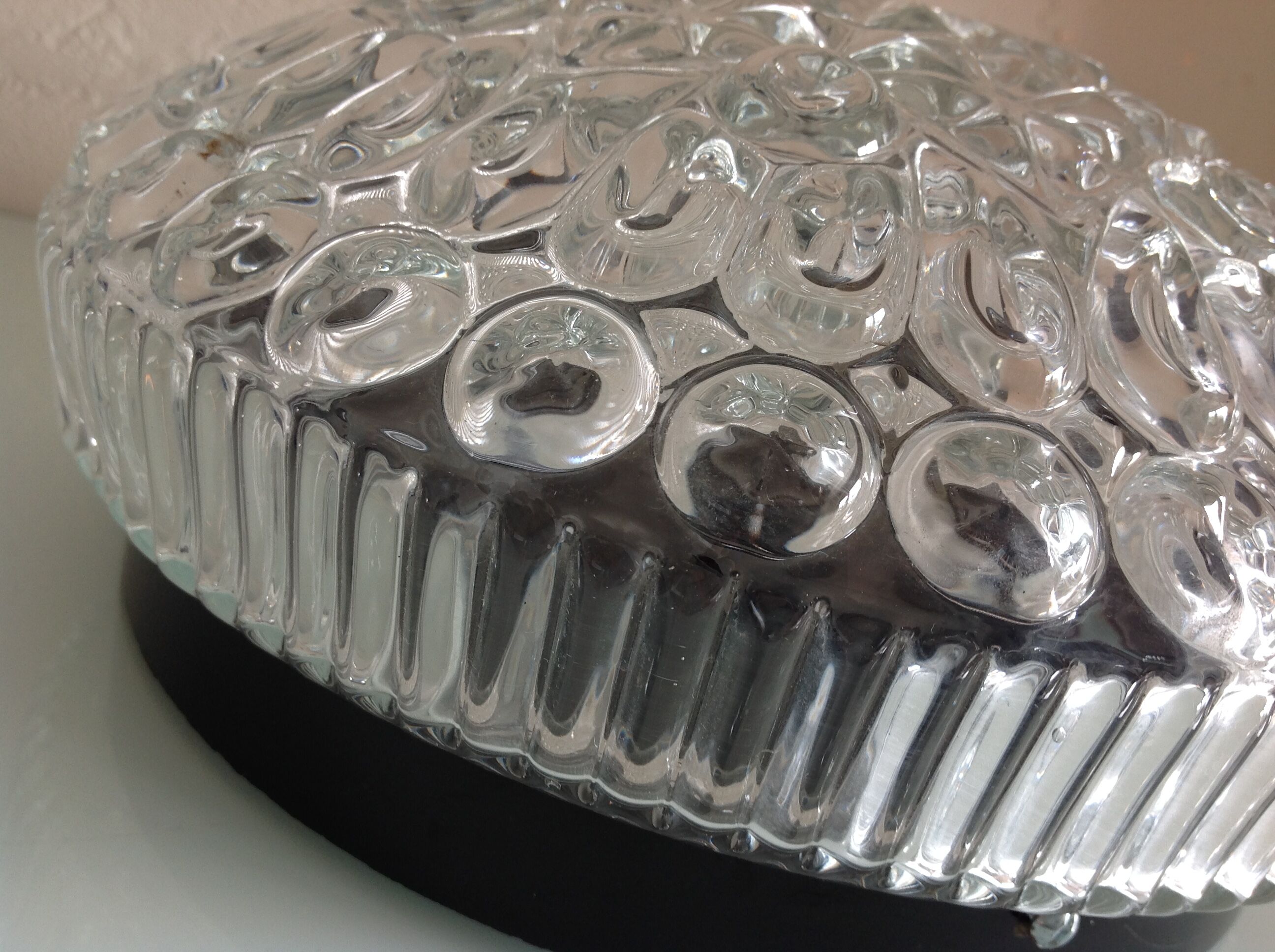 Structured glass round ceiling lamp vintage 60s-70s