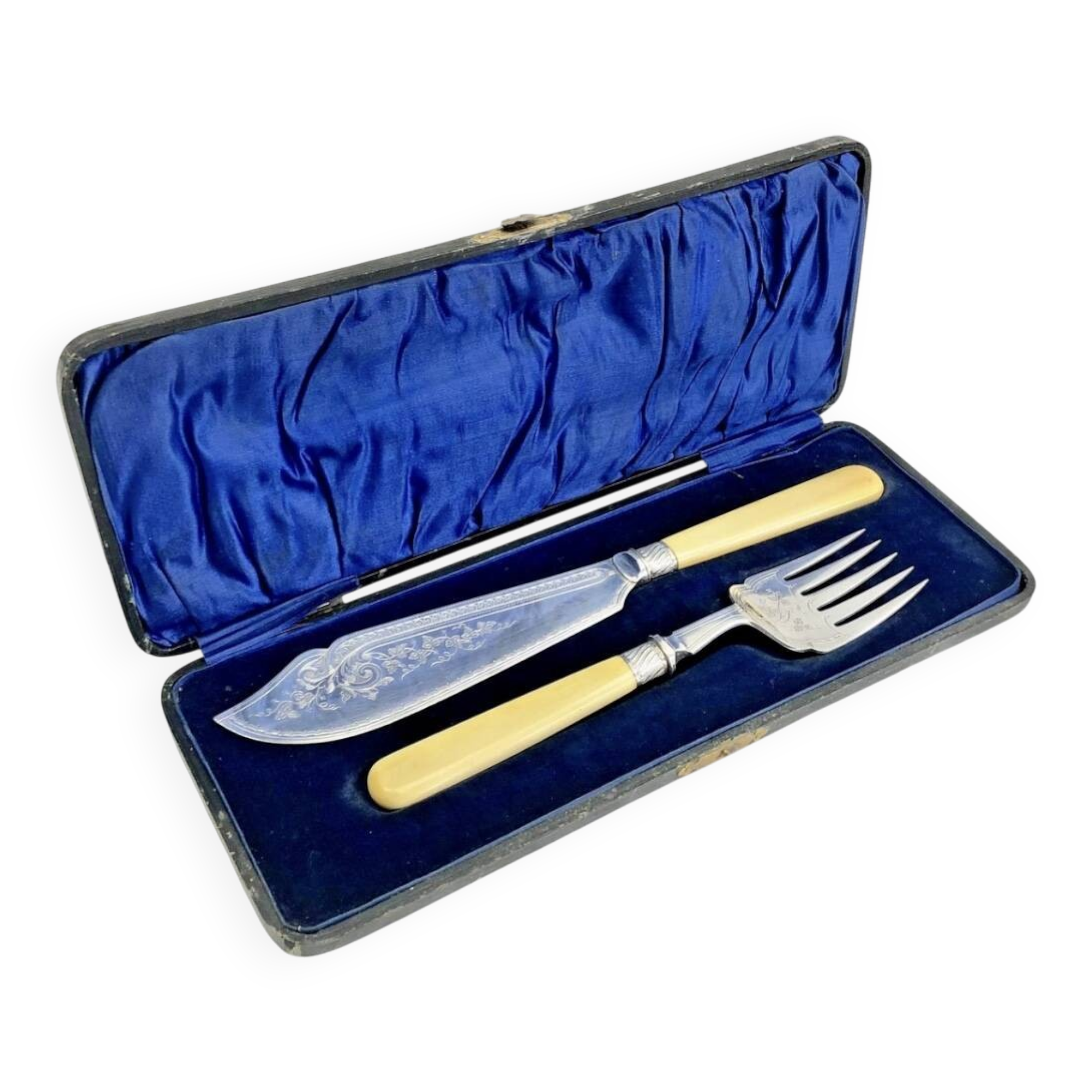 Antique Victorian fish serving cutlery, bone and silver-plated metal