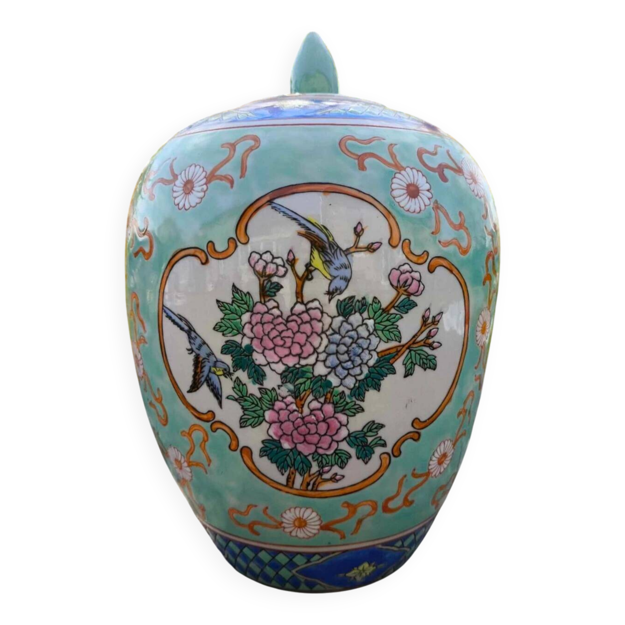 Pot couvert, vase chinois à motifs de fleurs et oiseaux en céramique cloisonnée