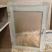 Old hanging medicine cabinet wood + opaque glass door 50's vintage