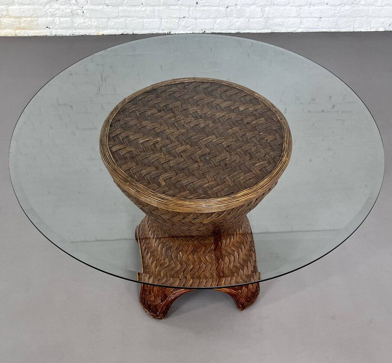 Round Woven Rattan and Beveled Glass Dining Table, 1970s
