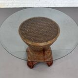 Round Woven Rattan and Beveled Glass Dining Table, 1970s
