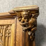 Monumental Gothic style bench in solid oak and patinated plaster circa 1800 / length 282 cm