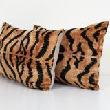Handmade Tiger Ikat Velvet Pillow, Set of Two Silk Lumbar Pillowcase, Soft Couch Pillow Cover