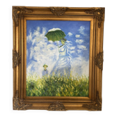 Old oil painting canvas reproduction woman with parasol monet 80x70 signed
