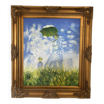 Old oil painting canvas reproduction woman with parasol monet 80x70 signed