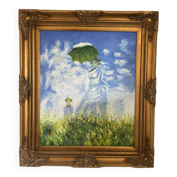 Ancien tableau peinture huile toile repro femme ombrelle monet 80x70 signé