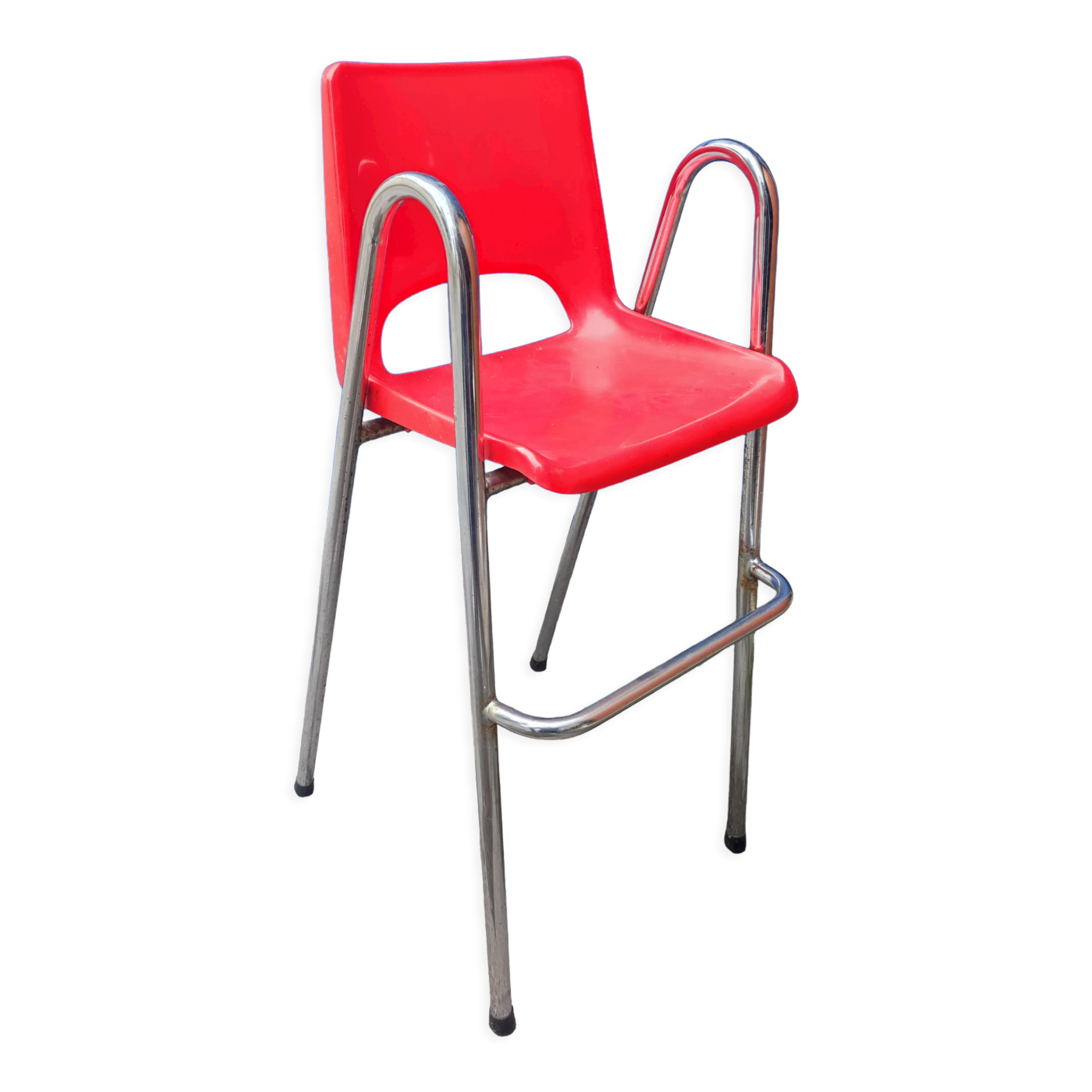 Children's high chair design chrome metal and vintage plastic