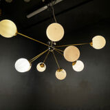 Post-Modern Sputnik Chandelier in Brass and Opaline Glass, Italy, 1980
