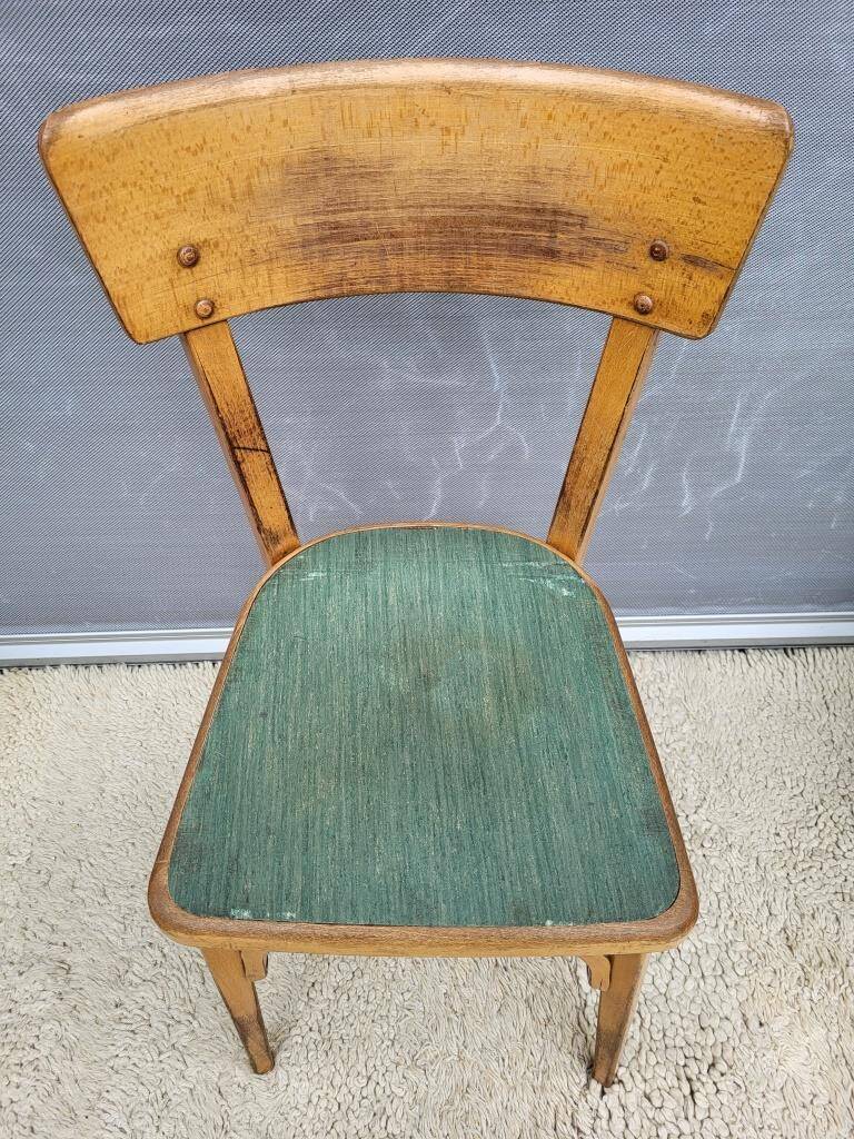 Trio chaises bistrot Baumann 1950 simili vert chiné