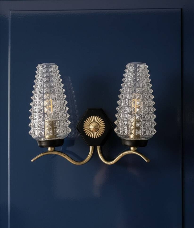 Double applique Mid Century Modern attributed to Maison Arlus, brass and glass.