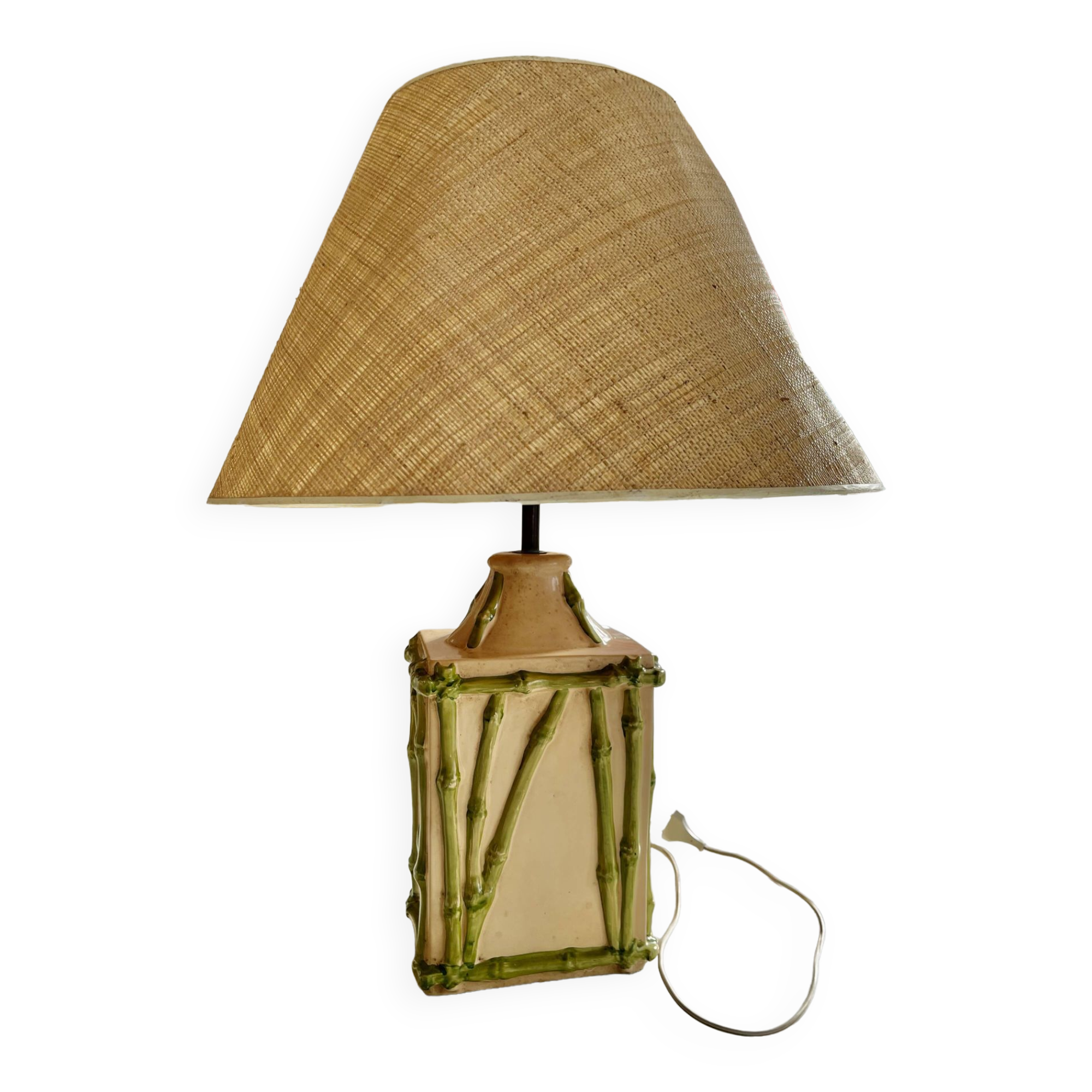 Lampe de table en céramique imitation bambou avec Abat jours, années 1970
