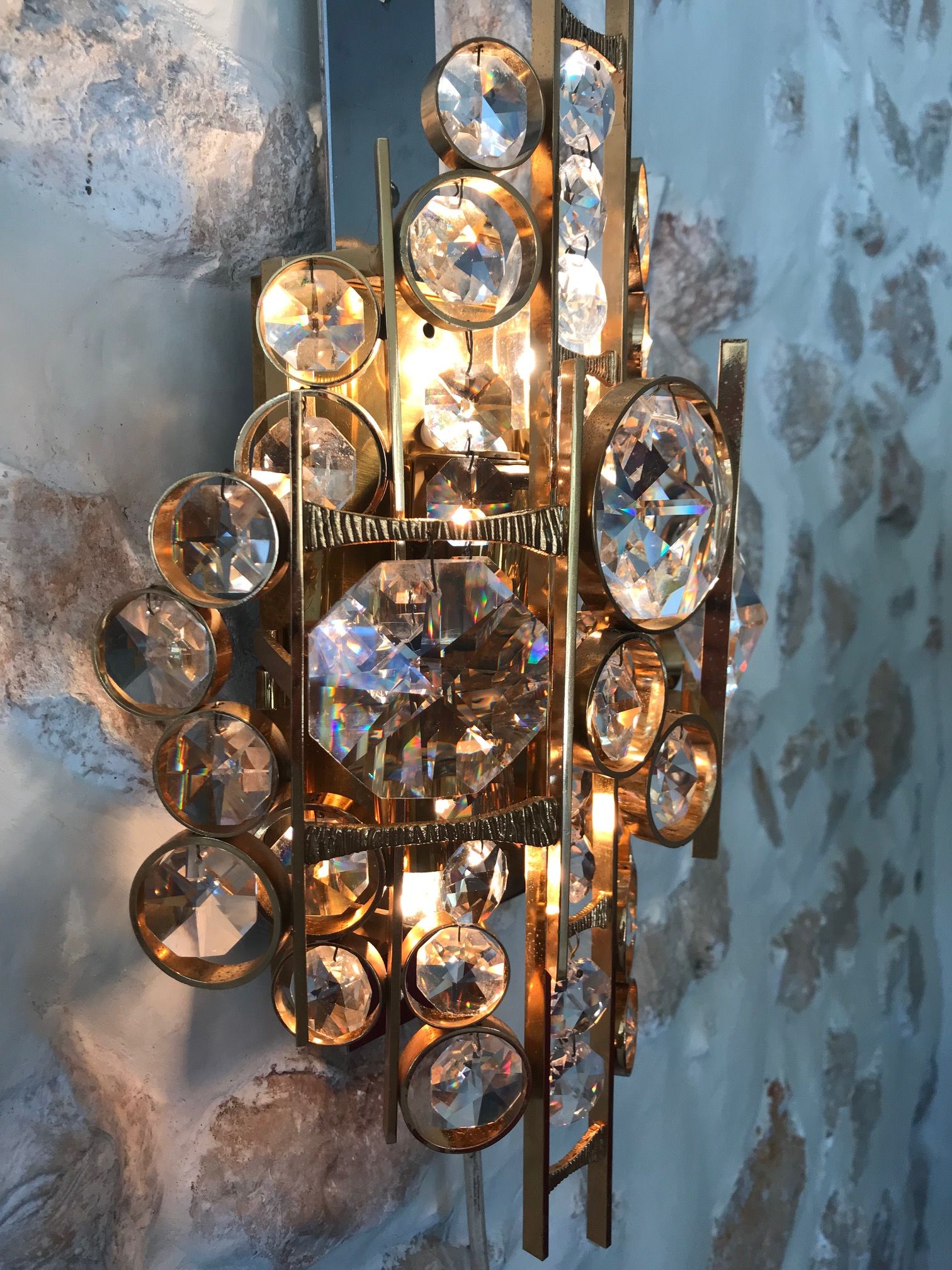 Pair of sconces Palwa in gold metal and Crystal 1960
