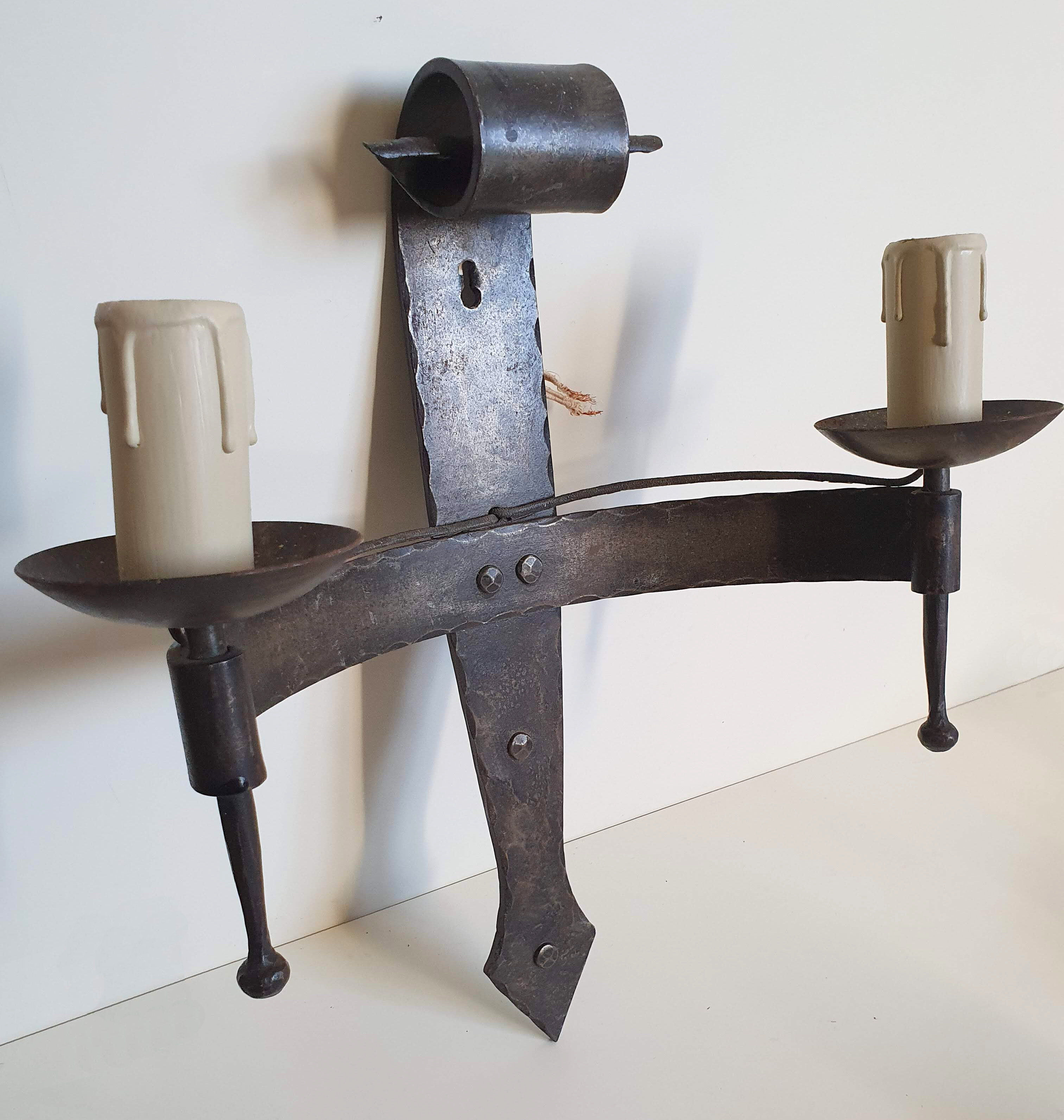 Duo of wrought iron wall lamps by Jean Touret Atelier Marolles