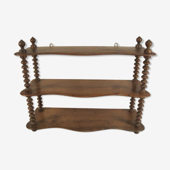Old wall shelf 3 wooden trays turned uprights in rosary, late XIX