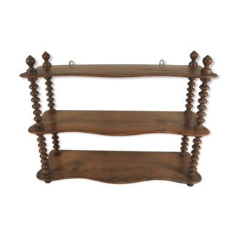 Old wall shelf 3 wooden trays turned uprights in rosary, late XIX