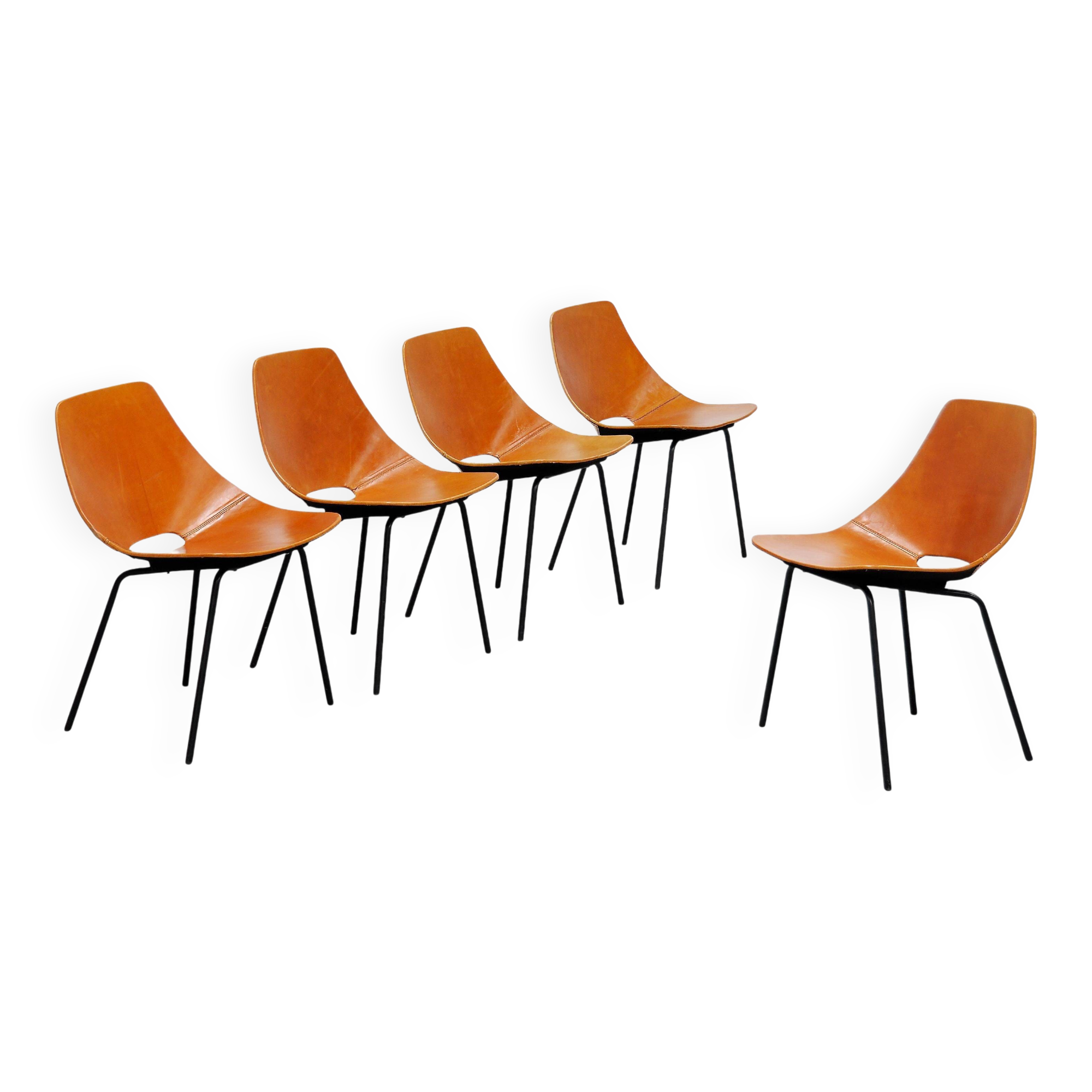 Set of six "Tonneau" chairs by Pierre Guariche, manufactured by Steiner in the 1950s.