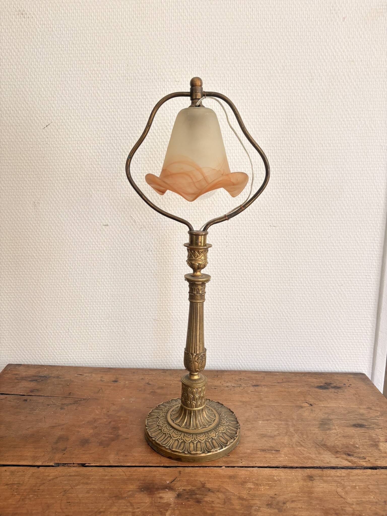 Art Nouveau Table Lamp Brass Gilded Marbled Glass Tulip Nancy School
