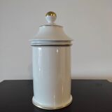 Pharmacy / apothecary pot in white earthenware decorated with gold net, "Catharan: Roseus signed Limoges