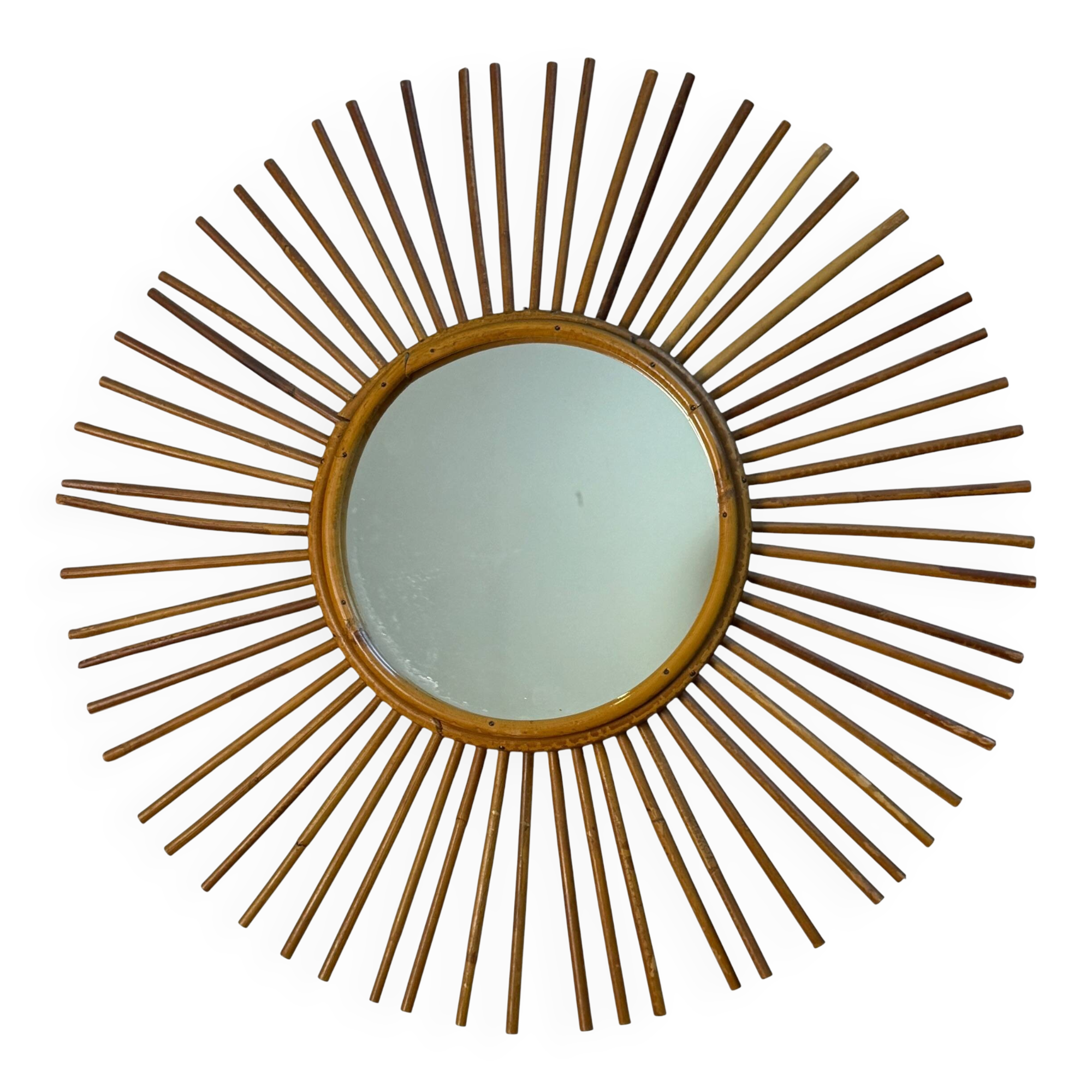 Miroir soleil en rotin rond des années 60 France