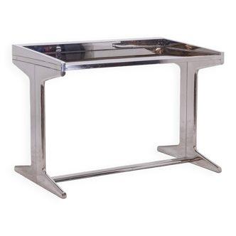 Desk in polished metal and smoked glass. 1980s