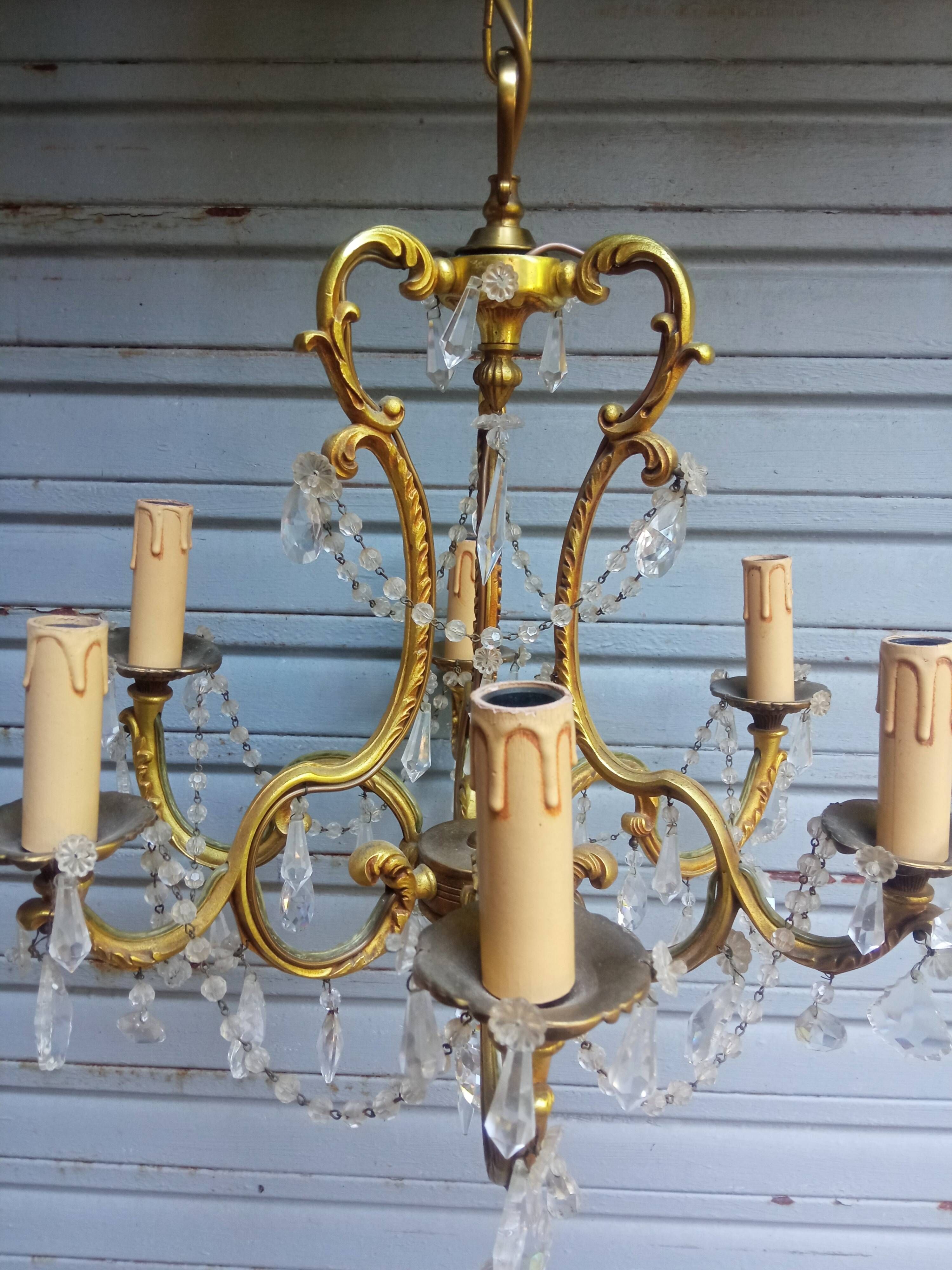 Antique cage chandelier in gilded bronze and crystal, 6 lights / working condition l gau