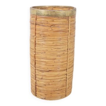 Vintage Bamboo and Brass Umbrella Stand, Italy, 1970s