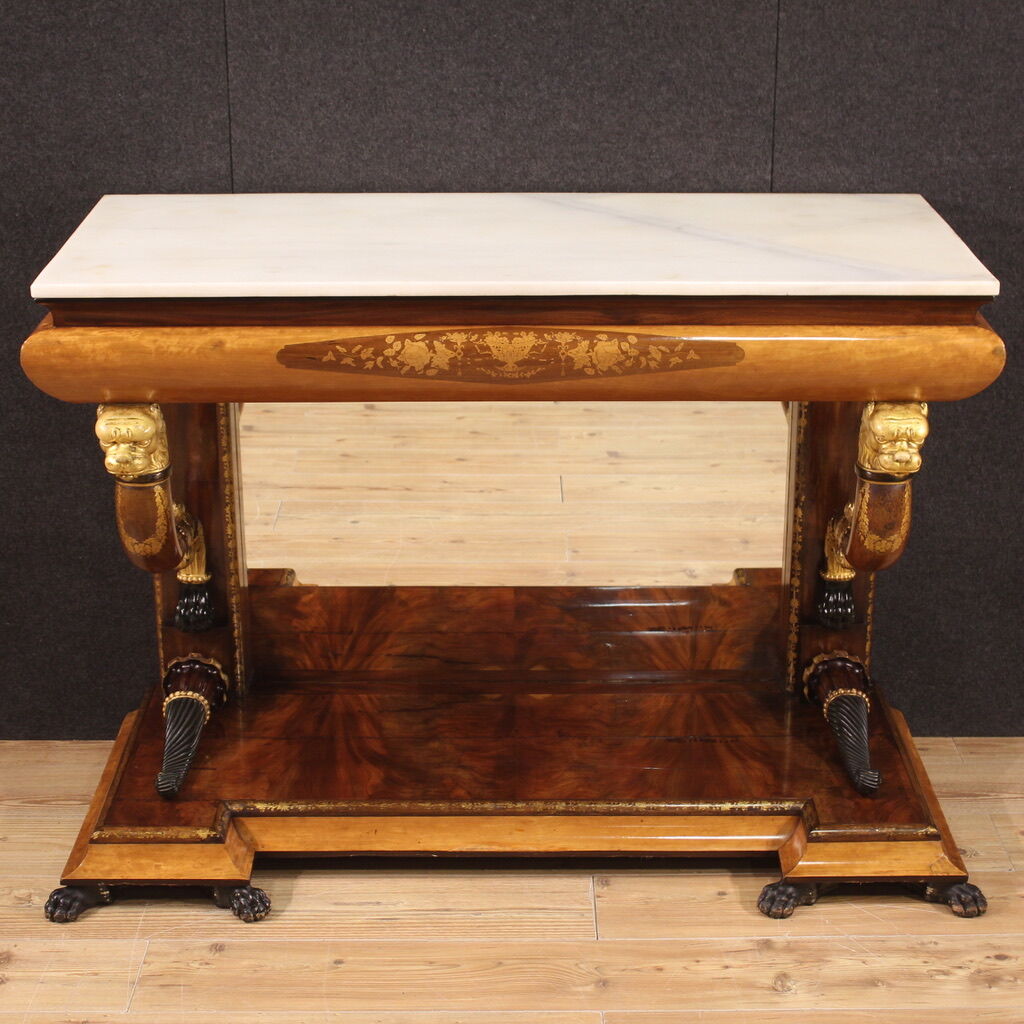 Console en marqueterie espagnole avec plateau en marbre du 19ème siècle