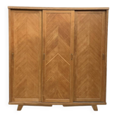 Parisian wardrobe with sliding doors, solid raw oak, 1960.