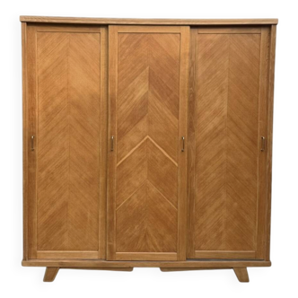Armoire parisienne penderie porte coulissante chêne brut massif 1960