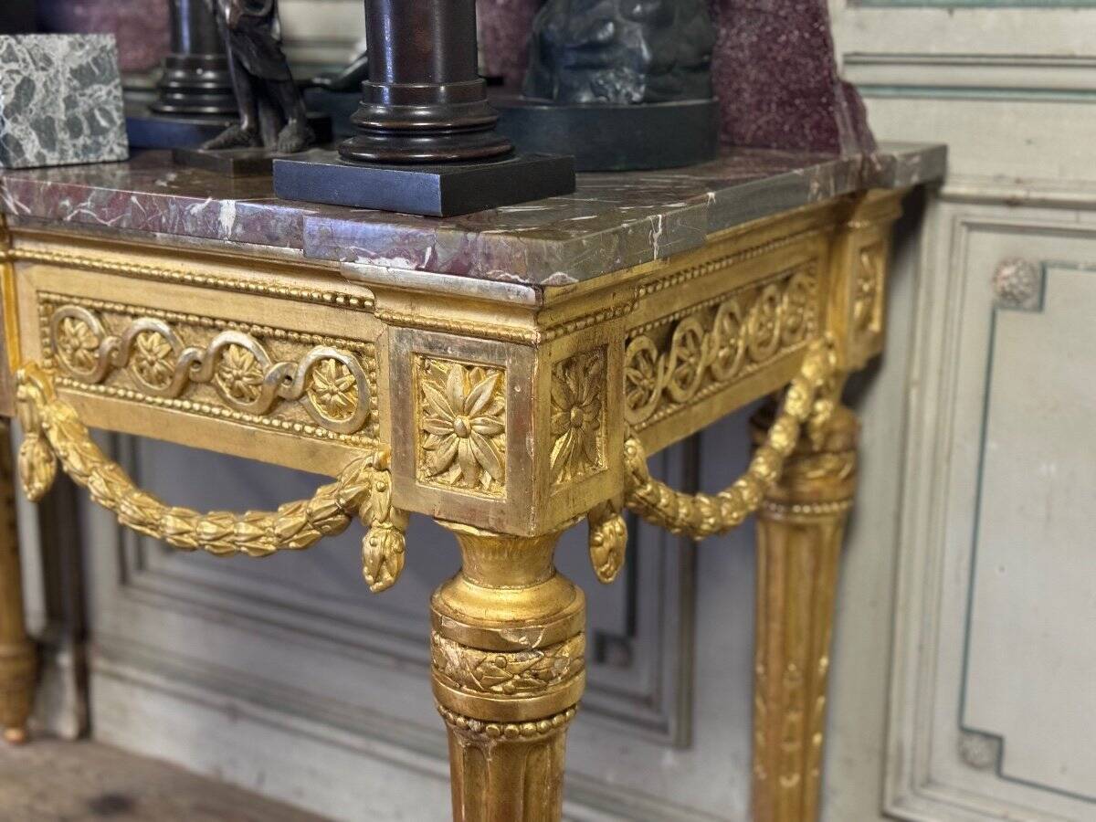 Louis XVI Console in Gilded Wood, Grey Ardennes Marble, 18th Century
