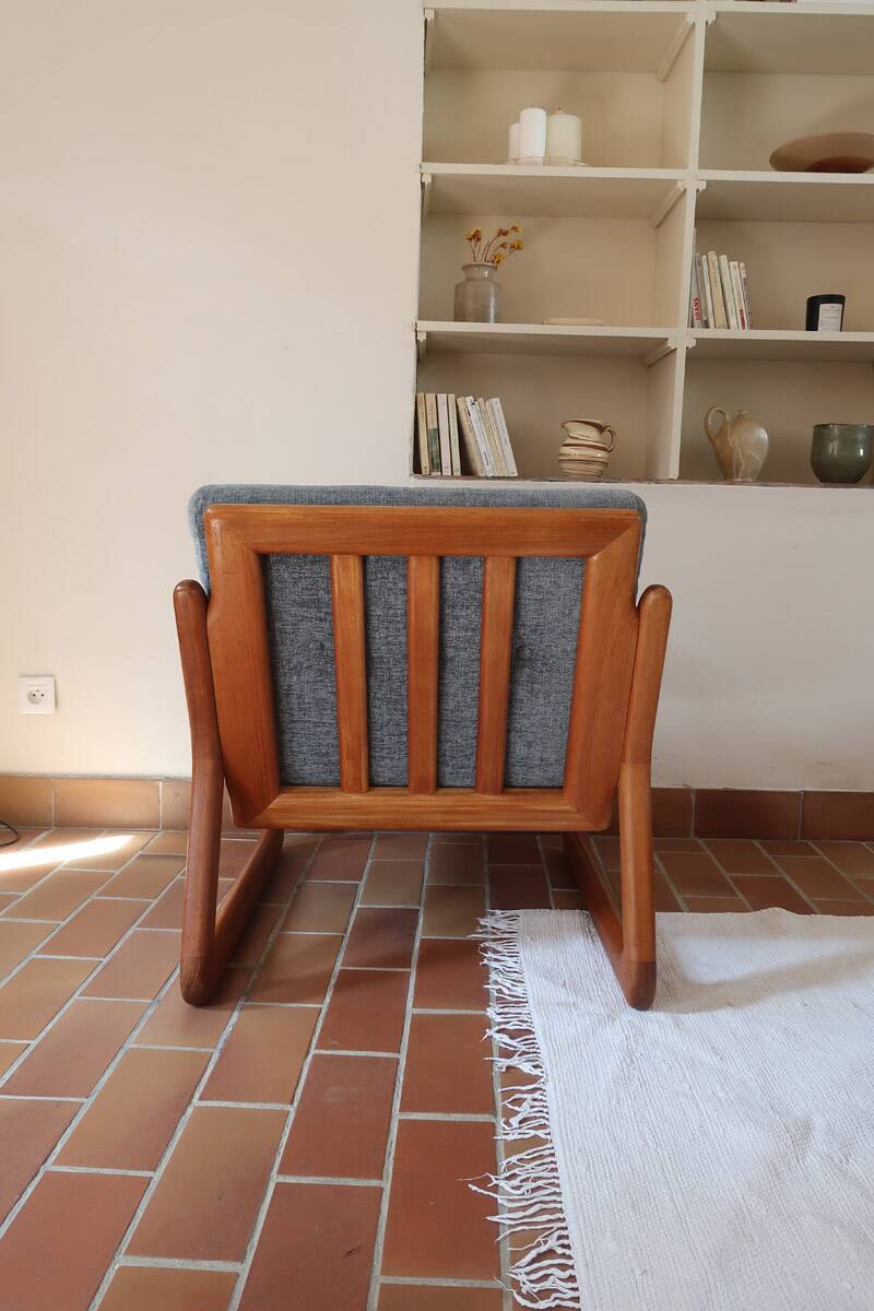 Scandinavian armchair teak Komfor blue-grey fabric 60's sled base
