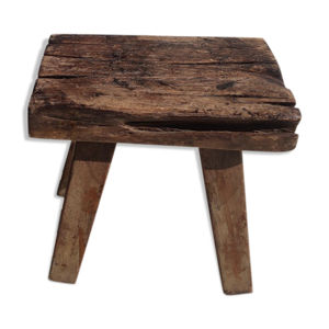 Tabouret brutaliste quadripode assise rectangulaire teck ancien naturel