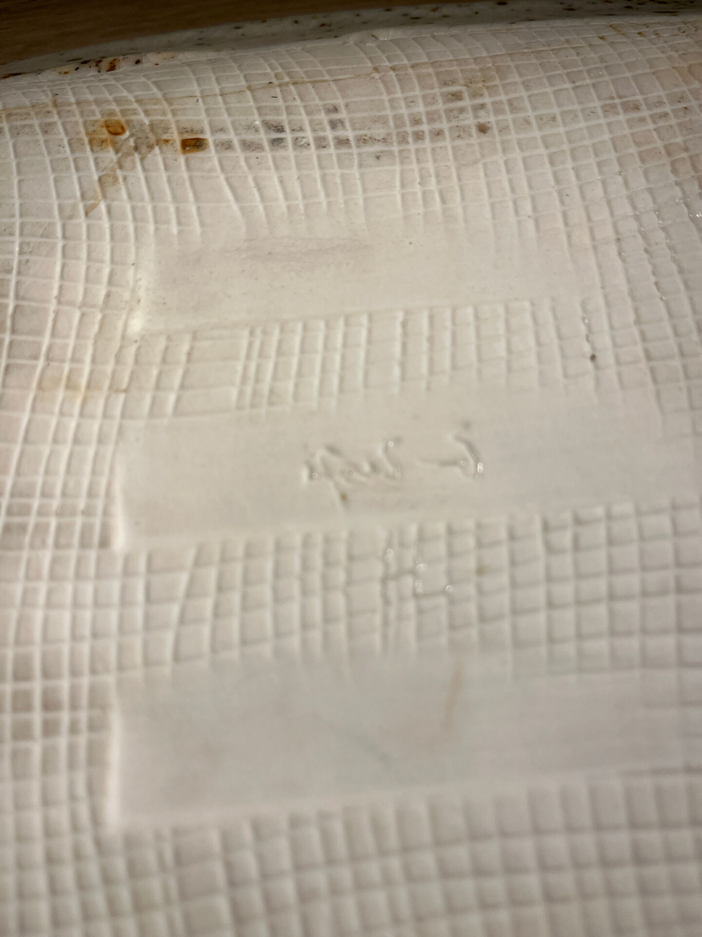 Vintage signed square ceramic plate – speckled cream enamel – 22