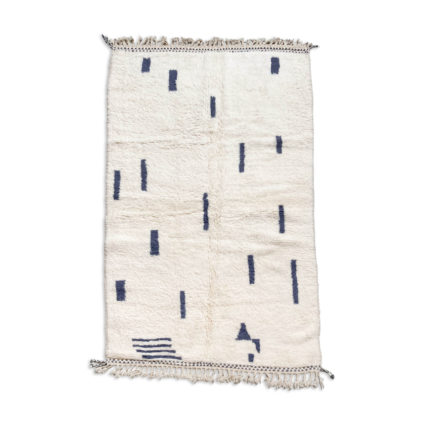 Moroccan Berber carpet beni ouarain ecru with blue graphic patterns 264x161cm