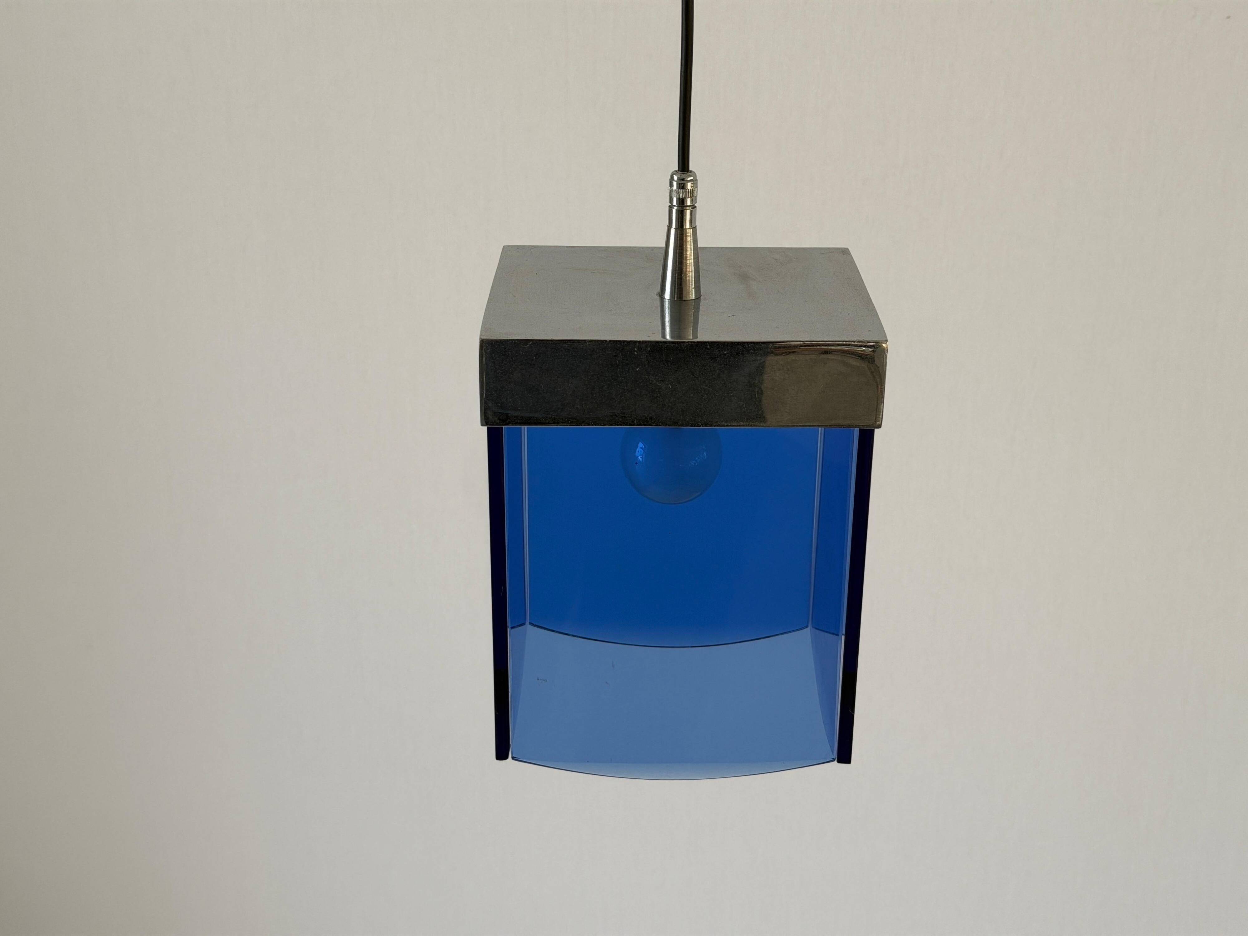 Art Deco ceiling light in blue glass and chrome, 1950s, Italy