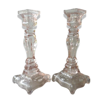 Pair of candlesticks pink glass