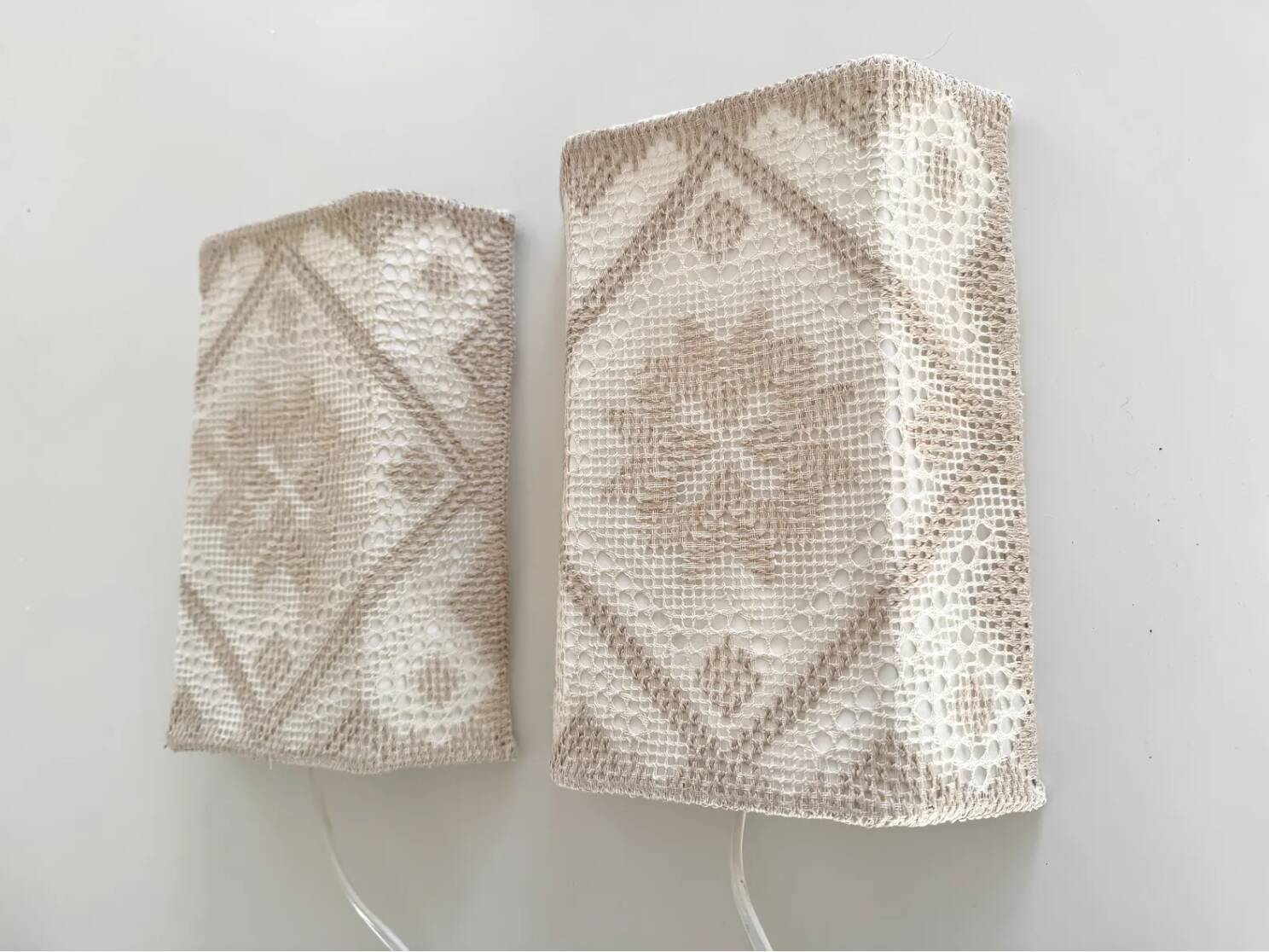 Pair swedish vintage crochete textile wall lamp, "näversom" handmade