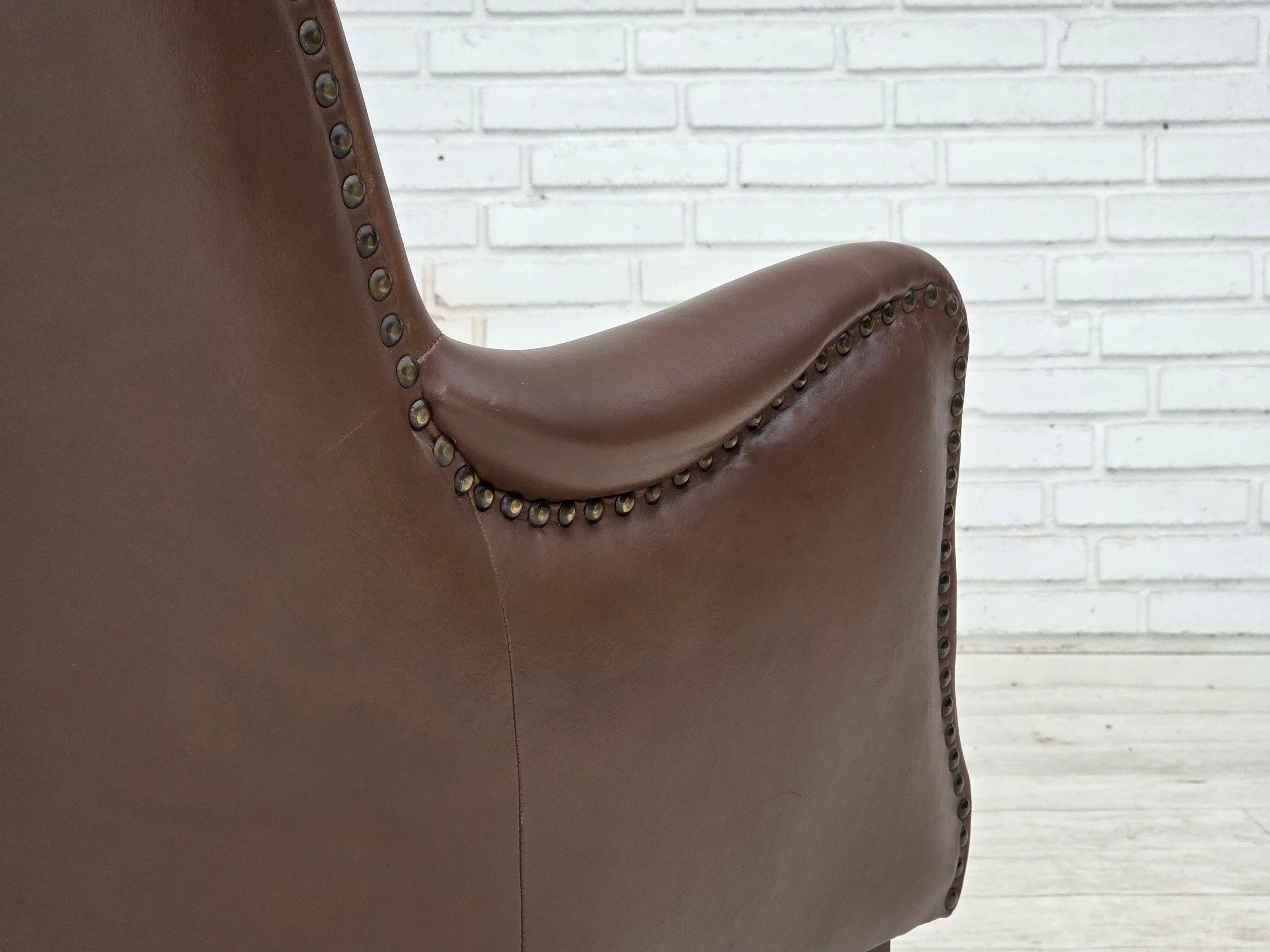 1970s, Danish armchair, original brown furniture leather.
