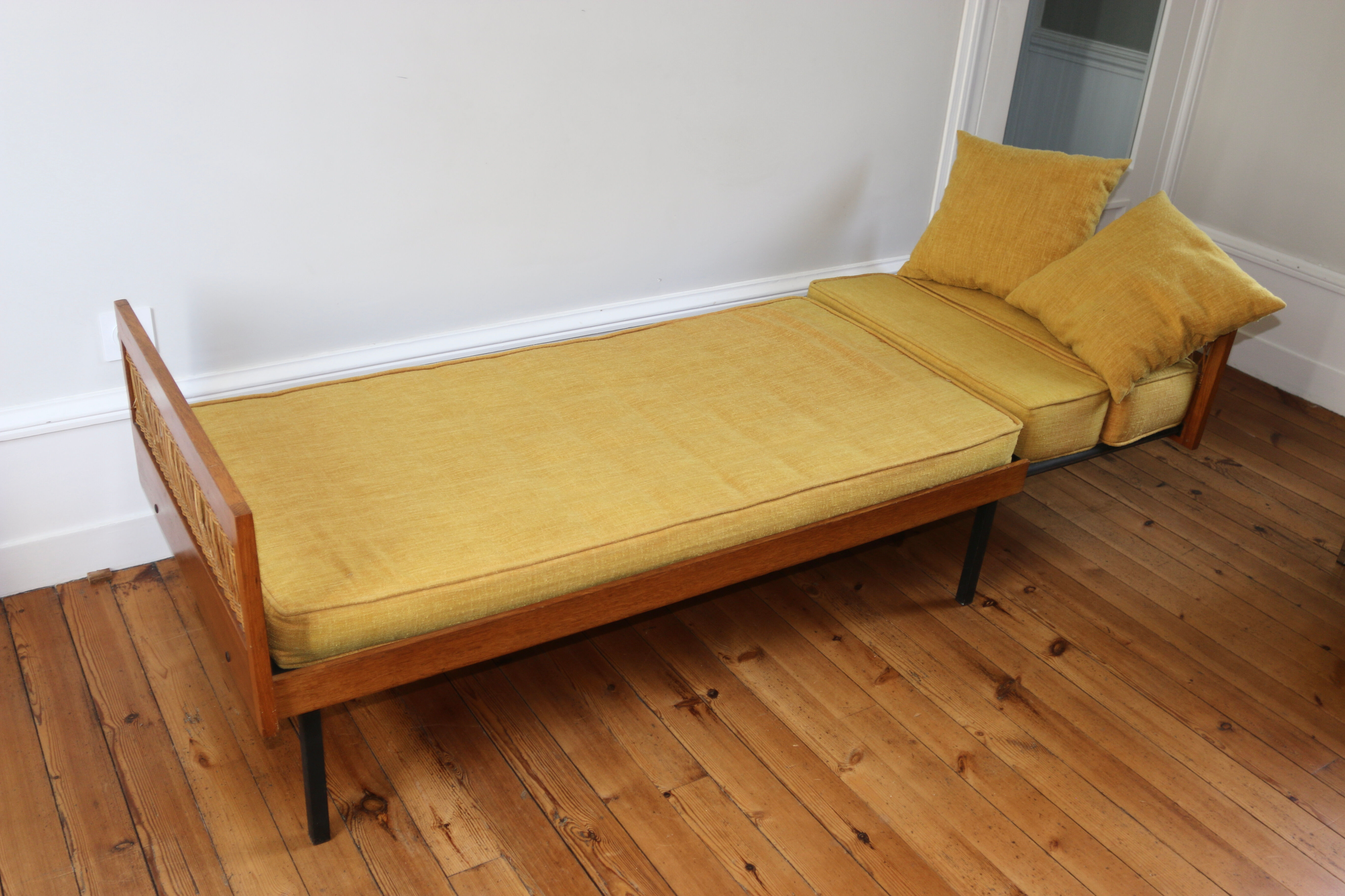 Daybed vintage 1960 chêne et rotin